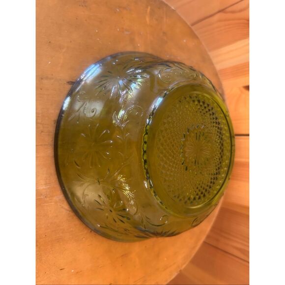 Vintage Indiana Glass Company Glass Green Daisy Pattern Bowl 7.5" x 2.75", 1970s - Picture 9 of 11